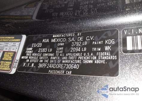 2024 Kia Forte Lxs from USA, damaged, VIN 3KPF24AD0RE730640